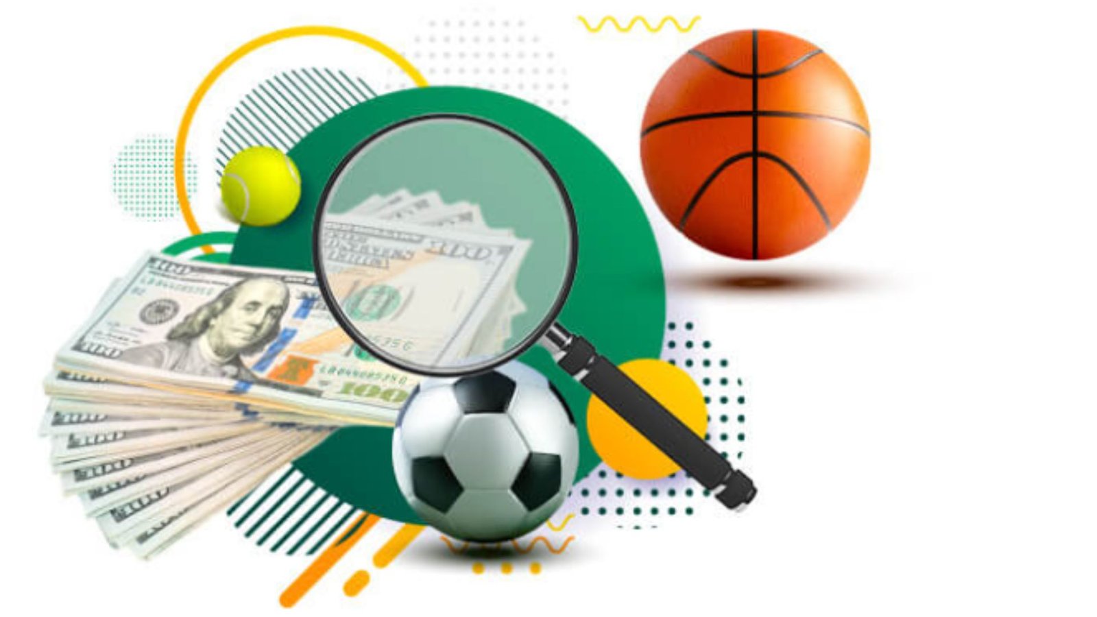 A Magnifying Glass , Basket Ball, , Soccer Ball , and Hundred Dollar Bills