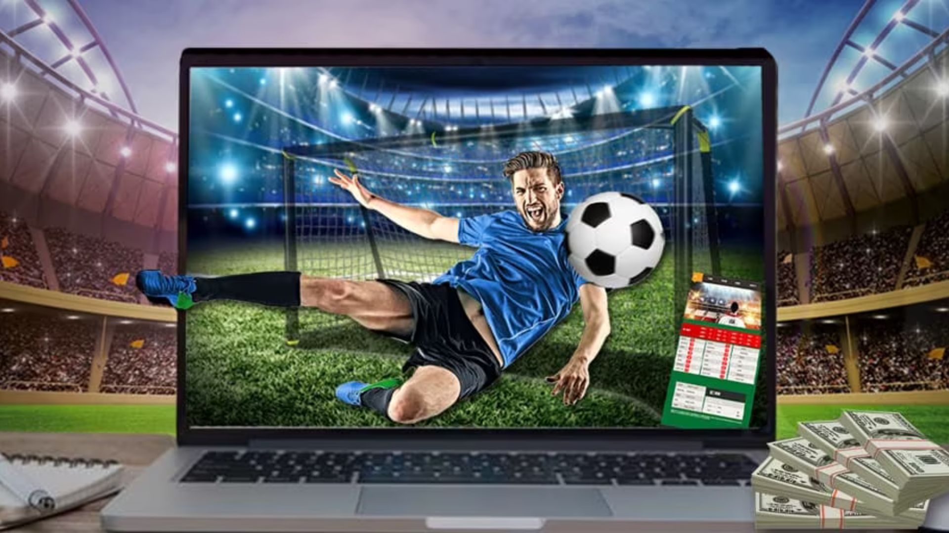 A Laptop showing a Soccer Player Kicking a Ball